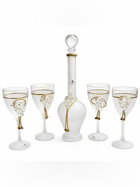 Murano Glass Wine Set – Frosted Glass Bottle & 4 Goblets | Gold Accents